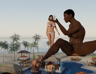 bikini giantess nude blonde beach handheld topless multiple_sizes red_hair short_hair mini_giantess sitting muscles giantesses dark_skin outdoors palm_tree legs_spread digital_render vardyger
