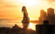 giantess collage city mega long_hair water buildings sitting outdoors sunset chainorchid