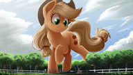 drawing gentle giantess furry tail blonde color long_hair green_eyes smiling surprised walking outdoors hat birds trees fence my_little_pony applejack looking_at_tiny orange_skin ncmares yohomeboync yohomeboyraps cutie_mark orchard