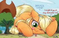 drawing gentle giantess furry tail blonde color long_hair tongue green_eyes lying_down apple blue_skin outdoors hat trees fence dialogue my_little_pony rainbow_dash applejack multicolored_hair orange_skin one_eye_closed on_head squinting ncmares yohomeboync yohomeboyraps cutie_mark