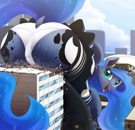 drawing giantess panties furry blushing tail city upskirt color long_hair butt destruction blue_eyes clothed skirt buildings blue_hair socks open_mouth clouds outdoors white_panties hat looking_back my_little_pony horn princess_luna ncmares yohomeboync yohomeboyraps cutie_mark ethereal_hair better_size_at_source