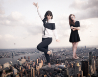 giantess collage giga city mega destruction clothed barefoot brunette smiling dress giantesses sneakers looking_at_viewer zooey_deschanel kristen_stewart holding_vehicle ia-r-d