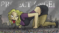 drawing giantess city blonde color tongue saliva open_mouth crowds bigbeerbear
