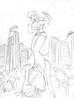 breasts drawing female growth giantess crush panties city mega destruction anime topless boots supergirl metropolis cape ripped_clothing covering_breasts dc_comics daily_planet