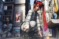 gentle giantess city red_hair kneeling giantesses looking_at_viewer digital_render madamemaeve