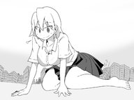 drawing giantess giga city monochrome large_breasts destruction barefoot skirt no_background monokr