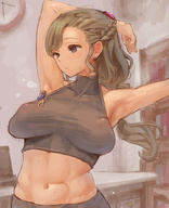 drawing color large_breasts long_hair brunette sweat crawling shrunken_woman looking_down armpits on_breasts bare_midriff