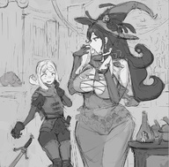 drawing monochrome black_hair large_breasts long_hair sword cleavage mini_giantess surprised kissing lesbians shrunken_woman trapped indoors thick_thighs witch_hat kazo