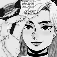 drawing giantess crush giga monochrome long_hair planet smiling choker between_fingers planet_destruction dialogue pinched guireyart10