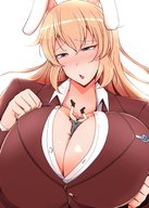 drawing panties blushing blonde color bunny_ears cleavage huge_breasts shrunken_woman strike_witches charlotte_e_yeager no_background takaisen between_breasts