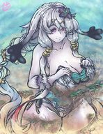 drawing giantess white_hair color long_hair destruction cleavage huge_breasts breast_crush purple_eyes floating_islands embernaga