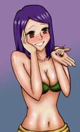 drawing blushing large_breasts long_hair handheld cleavage purple_hair smiling sitting shrunken_man no_background bare_midriff tricksteranansi
