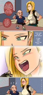 drawing blushing manga blonde color clothed android_18 dragon_ball shrunken_man open_mouth indoors between_fingers implied_vore thought_bubble bald krillin picojin