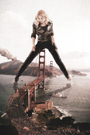 breasts giantess collage giga mega blonde bridge destruction clothed boots looking_down pants leather straddling jacket ships golden_gate_bridge crowds looking_at_victims leather_clothing ia-r-d