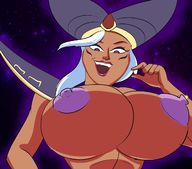 drawing giantess white_hair giga space long_hair huge_breasts smiling sun planets dark_skin between_fingers cia_(hyrule_warriors) idooodlestuff