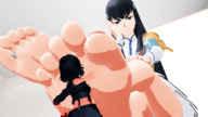 drawing feet color clothed toes barefoot soles anime low_angle looming shrunken_woman looking_down between_toes legs_crossed looking_at_tiny digital_render kill_la_kill mako_mankanshoku ryuko_matoi satsuki_kiryuin someguy505