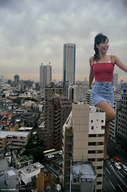 giantess collage city black_hair long_hair buildings smiling asian sandals walking outdoors kyoujingirls