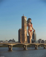 bikini giantess collage mega black_hair long_hair asian walking outdoors kyoujingirls