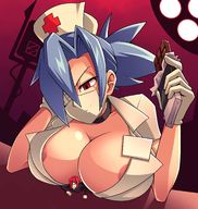 drawing color large_breasts cleavage red_eyes blue_hair breast_crush red_hair shrunken_woman looking_down chocolate nurse_outfit skullgirls parasoul thunderafterdark valentine_(skullgirls)
