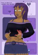 drawing vore long_hair in_stomach purple_hair heart shrunken_woman looking_down dark_skin dialogue ear_piercing no_background lip_piercing bare_midriff royalwaffle