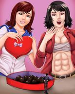 drawing gentle black_hair color red_eyes brunette brown_eyes muscles abs shrunken_man looking_down chocolate gift fit bare_midriff swgtsdrawing