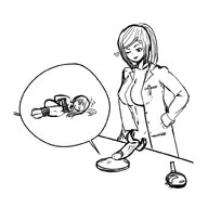 drawing micro monochrome large_breasts long_hair futanari cum penis ponytail unknown_artist heart shrunken_woman magnifying_glass winking petri_dish