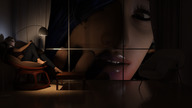 giantess long_hair blue_hair sitting window looking_down indoors outdoors lamp digital_render ubersalamander
