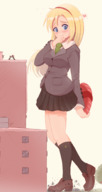 drawing gentle giantess blushing blonde color large_breasts long_hair destruction blue_eyes clothed skirt buildings shoes embarrassed socks tree uniform heart thighs outdoors flowers looking_back bicycles pushing students valentines_day chocolates sweat_drop ncmares yohomeboync yohomeboyraps box_of_chocolates