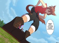 drawing color angry cat_ears brunette short_hair boots bending_over shrunken_man looking_down cat_girl outdoors dialogue dangerking11