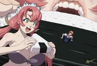 drawing vore large_breasts long_hair cleavage red_hair twintails shrunken_woman open_mouth trapped in_food imminent_vore zerohour99 rice_ball