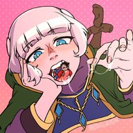 drawing vore color tongue blue_eyes mouth saliva pink_hair shrunken_man hollewdz meteora