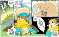drawing blushing blonde comic long_hair surprised bending_over shrunken_man censored dialogue panels pointed_ears the_legend_of_zelda breath_of_the_wild dangerking11
