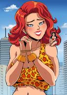 breasts drawing giantess blushing mega color large_breasts long_hair blue_eyes cleavage buildings smiling giganta red_hair boots outdoors wonder_woman jitensha earrings leotard tiara lasso leopard_print on_shoulder dc_comics