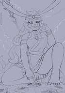 drawing giantess giga monochrome barefoot buildings kneeling looking_down flame-eliwood
