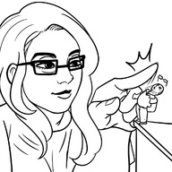 drawing giantess monochrome long_hair glasses smiling unknown_artist shrunken_man commission flicked no_background