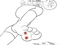 drawing giantess crush monochrome toes barefoot soles glasses blood foot_crush shrunken_man looking_down commission raised_foot dialogue running_away on_shoulder no_background cutaway