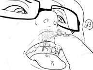 drawing giantess vore monochrome tongue glasses smiling shrunken_people shrunken_man looking_down open_mouth imminent_vore on_finger