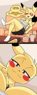 drawing furry anthro pikachu smiling socks shrunken_man looking_down top dialogue jj-psychotic little_mac between_breasts