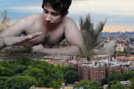 collage city black_hair destruction giant male buildings lying_down short_hair outdoors debris