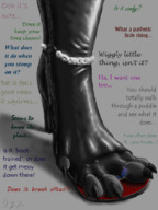 drawing furry dragoness anthro dragon color claws text toes high_heels in_shoe shrunken_man humiliation reptile between_toes leather under_foot scalie open_toe doran-eirok
