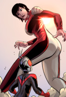 breasts drawing giantess mega black_hair color large_breasts butt asian short_hair sun costume catsuit looking_back ripped_clothing jumpsuit dust helmet looking_at_tiny stature miles_morales spider-man marvel_comics caiman2 earth_20052 ant_boy yuri_watanabe