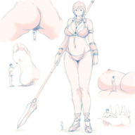 drawing giantess nude large_breasts handheld toes barefoot soles underwear smiling sandals hanging_on spear bikuta