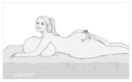monochrome bed huge_breasts ponytail lying_down big_butt no_background valionart