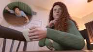 large_breasts long_hair red_hair sitting unaware shrunken_woman pinned indoors boomgts mug digital_render cutaway