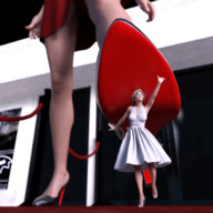 blonde clothed high_heels dress short_hair shrunken_woman raised_foot boomgts digital_render
