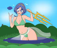 bikini giantess blushing long_hair blue_hair looking_down cloud outdoors trident sallystarchaser