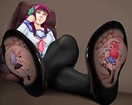 long_hair barefoot purple_hair in_shoe socks pink_hair sitting shrunken_woman looking_down cutaway swgtsdrawing