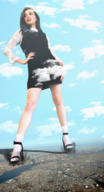 giantess giga city black_hair long_hair destruction clothed high_heels airplane clouds looking_up