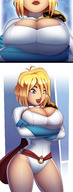 breasts drawing gentle giantess blonde color blue_eyes huge_breasts smiling gloves short_hair shrunken_man open_mouth standing thighs cape belt leotard power_girl no_background looking_at_tiny superheroine dc_comics anon bare_legs ravenravenraven between_breasts