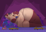 drawing long_hair purple_hair huge_breasts smiling socks ponytail lying_down mini_giantess bbw looking_down thick_thighs skimpy_clothing between_breasts